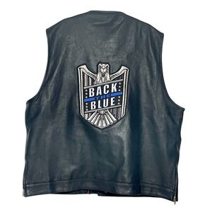 XPO Patch & Leather Embroidered Back the Blue Black Leather Vest Mens 3XL/56